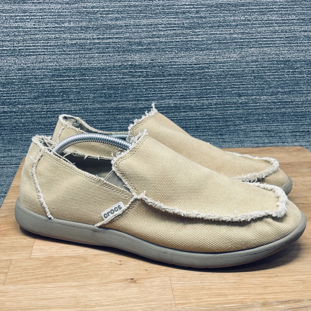 Crocs Santa Cruz Loafers Mens 11 Khaki Tan Canvas Frayed Slip On Comfort Shoes